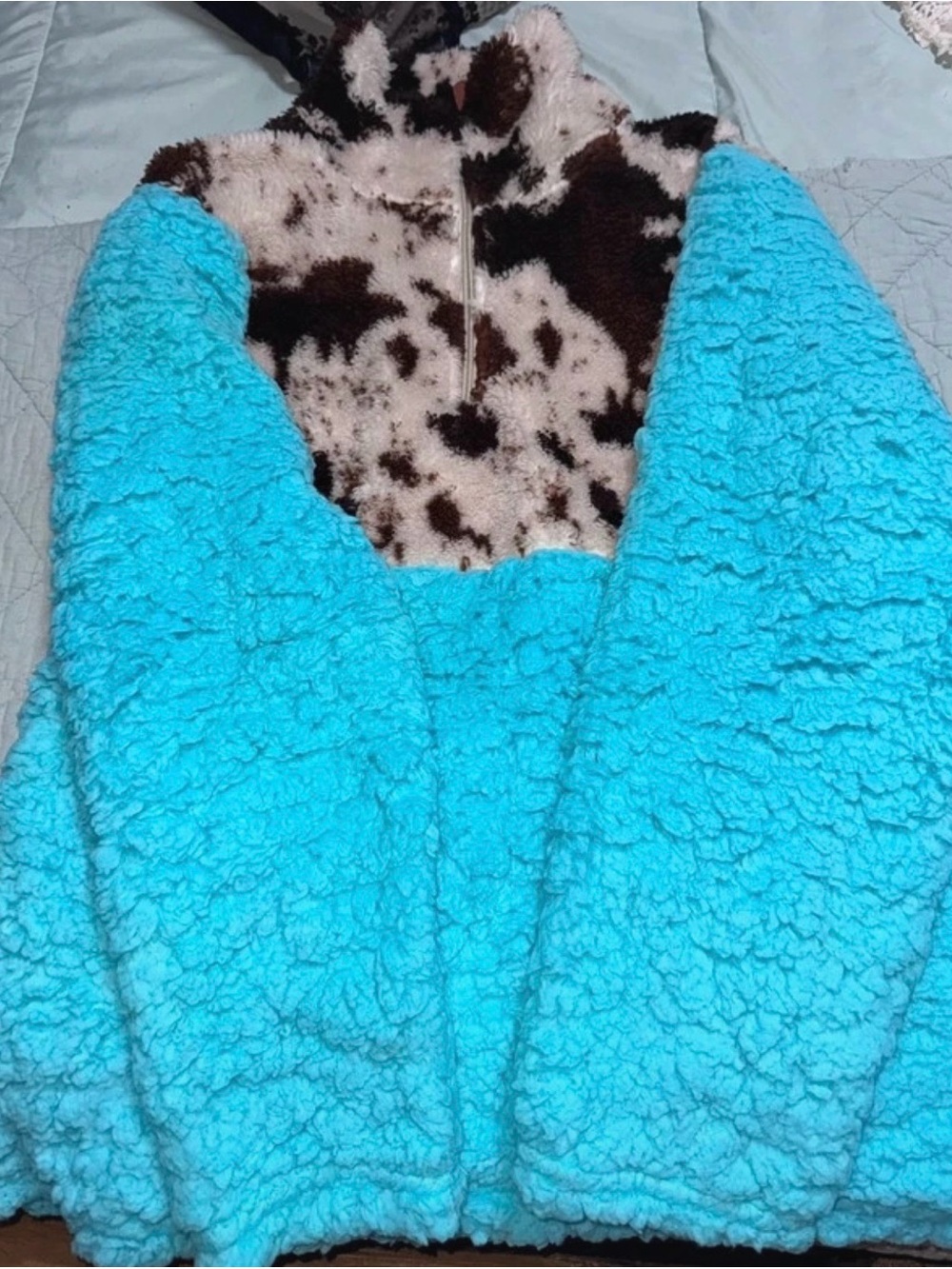 Turquoise Sherpa Jacket with Brown & Cream Cow Print